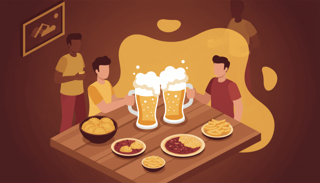 Dose dupla de chopp no RJ em mesa de happy hour com petiscos