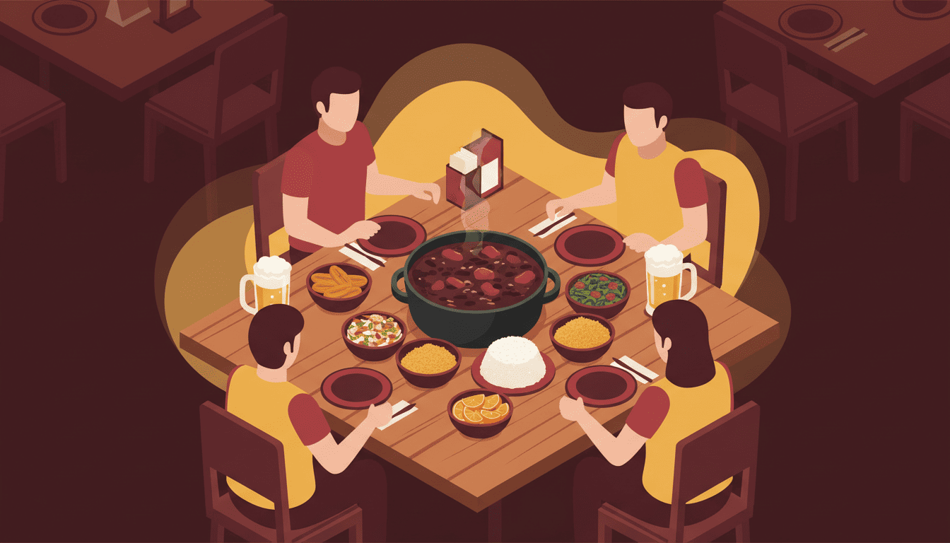 Feijoada no Rio de Janeiro em mesa de almoço com acompanhamentos